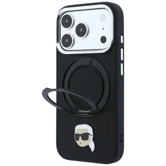 Калъф за телефон за iPhone 18 Pro Max / iPhone 17 Pro Max Leather Ring Stand 360 K Pin MagSafe (KLHMP18XPSRSKLHK) - Karl Lagerfeld - Черен