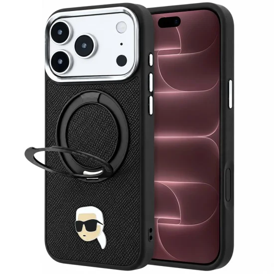 Калъф за телефон за iPhone 18 Pro Max / iPhone 17 Pro Max Leather Ring Stand 360 K Pin MagSafe (KLHMP18XPSRSKLHK) - Karl Lagerfeld - Черен