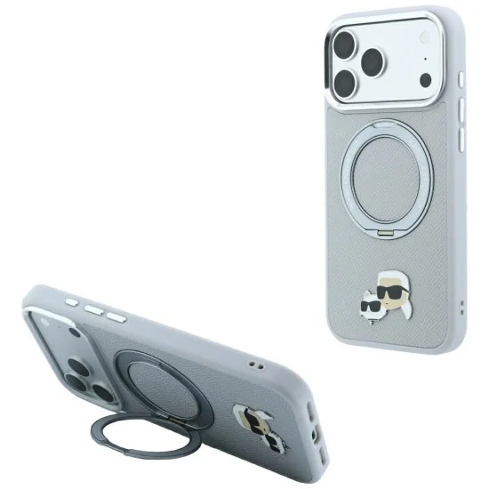 Калъф за телефон за iPhone 18 Pro Max / iPhone 17 Pro Max Leather Ring Stand 360 KC Pin MagSafe (KLHMP18XPSRSKCHG) - Karl Lagerfeld - Сив