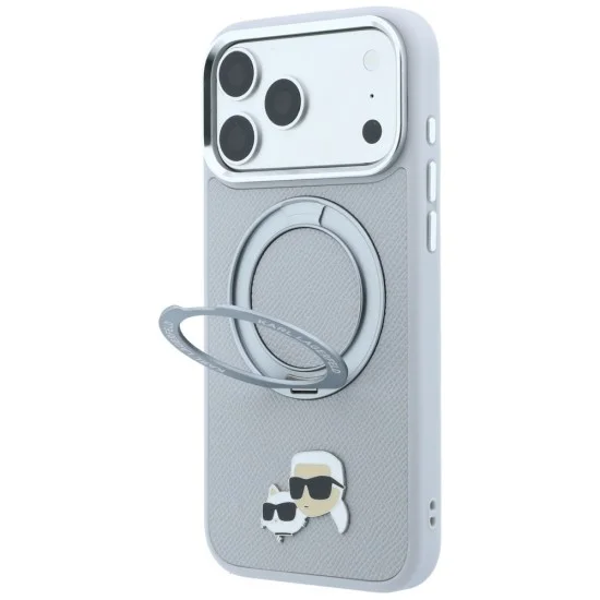 Калъф за телефон за iPhone 18 Pro Max / iPhone 17 Pro Max Leather Ring Stand 360 KC Pin MagSafe (KLHMP18XPSRSKCHG) - Karl Lagerfeld - Сив