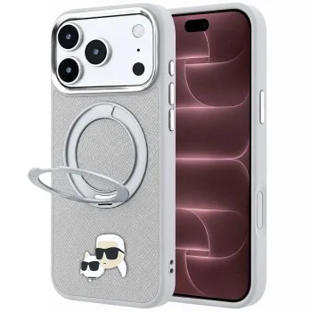 Калъф за телефон за iPhone 18 Pro Max / iPhone 17 Pro Max Leather Ring Stand 360 KC Pin MagSafe (KLHMP18XPSRSKCHG) - Karl Lagerfeld - Сив