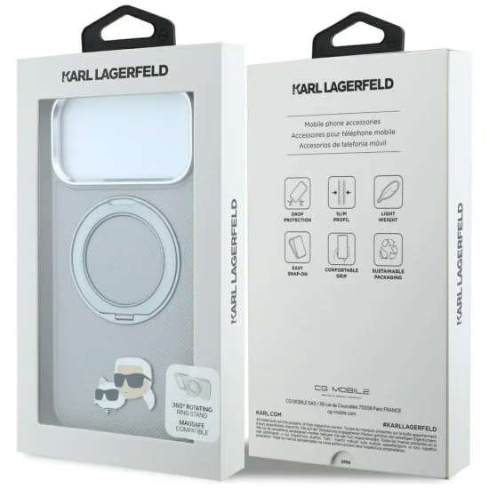 Калъф за телефон за iPhone 18 Pro Max / iPhone 17 Pro Max Leather Ring Stand 360 KC Pin MagSafe (KLHMP18XPSRSKCHG) - Karl Lagerfeld - Сив