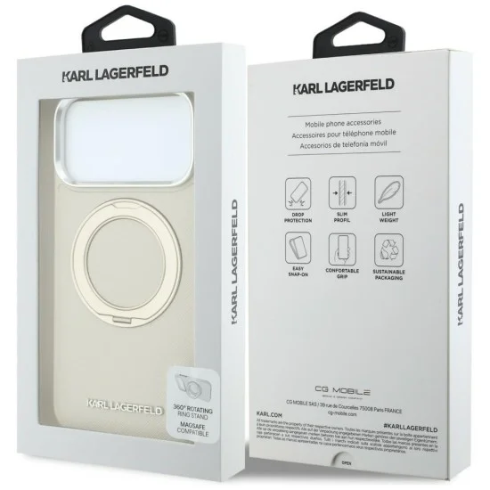 Калъф за телефон за iPhone 18 Pro Max / iPhone 17 Pro Max Ring Stand 360 Saffiano MagSafe (KLHMP18X6PSARSKME) - Karl Lagerfeld - Бежов