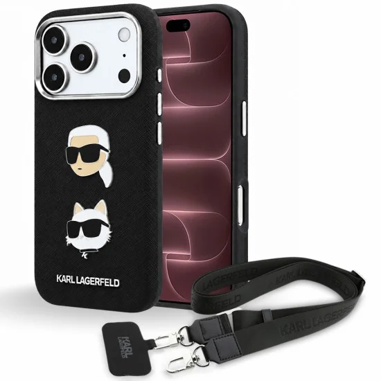 Калъф за телефон за iPhone 18 Pro Max / iPhone 17 Pro Max Saffiano K&C Heads Pins Logo Crossbody (KLHCP18XPSWFDHPSK) - Karl Lagerfeld - Черен