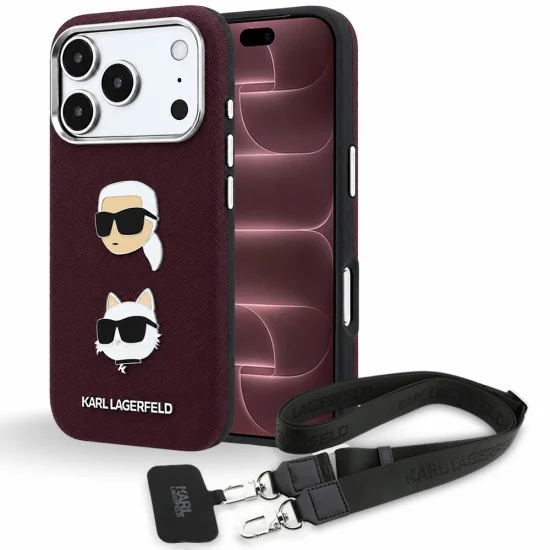 Калъф за телефон за iPhone 18 Pro Max / iPhone 17 Pro Max Saffiano K&C Heads Pins Logo Crossbody (KLHCP18XPSWFDHPSR) - Karl Lagerfeld - Бордо