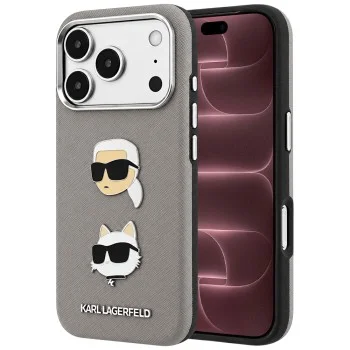 Калъф за телефон за iPhone 18 Pro Max / iPhone 17 Pro Max Saffiano with K&C Heads Pins and Logo (KLHCP18XPSWFDHPG) - Karl Lagerfeld - Сив