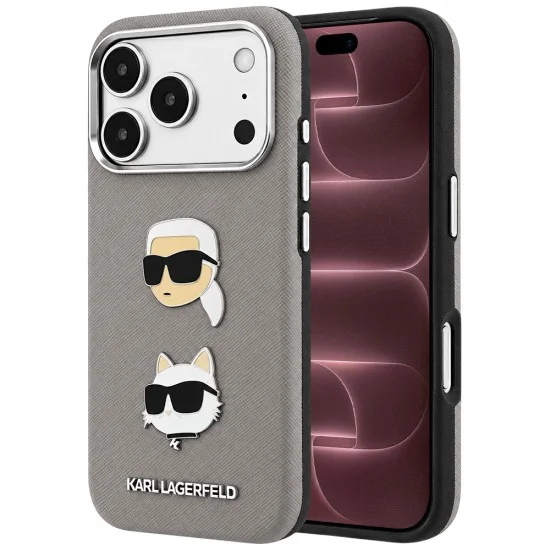 Калъф за телефон за iPhone 18 Pro Max / iPhone 17 Pro Max Saffiano with K&C Heads Pins and Logo (KLHCP18XPSWFDHPG) - Karl Lagerfeld - Сив