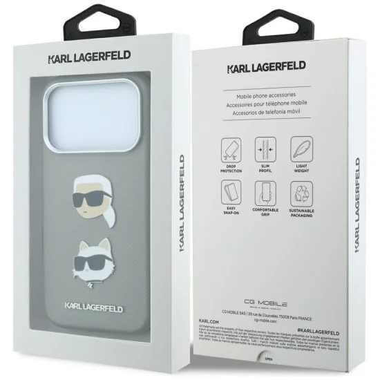 Калъф за телефон за iPhone 18 Pro Max / iPhone 17 Pro Max Saffiano with K&C Heads Pins and Logo (KLHCP18XPSWFDHPG) - Karl Lagerfeld - Сив