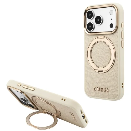 Калъф за телефон за iPhone 18 Pro / iPhone 17 Pro Grained Leather Ring Stand 360 Classic Logo MagSafe (GUHMP18L6PSGRSCLE) - Guess - Бежов