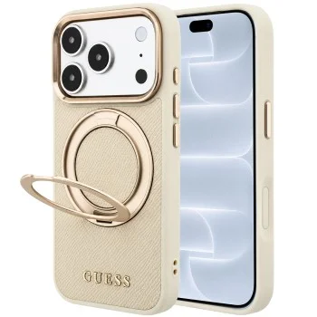 Калъф за телефон за iPhone 18 Pro / iPhone 17 Pro Grained Leather Ring Stand 360 Classic Logo MagSafe (GUHMP18L6PSGRSCLE) - Guess - Бежов