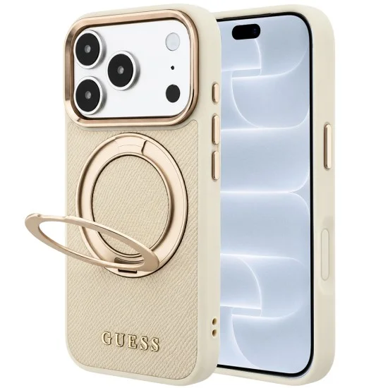Калъф за телефон за iPhone 18 Pro / iPhone 17 Pro Grained Leather Ring Stand 360 Classic Logo MagSafe (GUHMP18L6PSGRSCLE) - Guess - Бежов