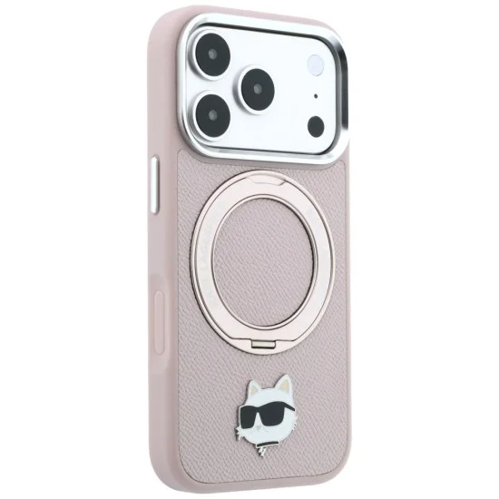 Калъф за телефон за iPhone 18 Pro / iPhone 17 Pro Leather Ring Stand 360 C Pin MagSafe (KLHMP18LPSRSCHHP) - Karl Lagerfeld - Розов