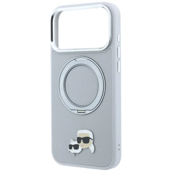Калъф за телефон за iPhone 18 Pro / iPhone 17 Pro Leather Ring Stand 360 KC Pin MagSafe (KLHMP18LPSRSKCHG) - Karl Lagerfeld - Сив