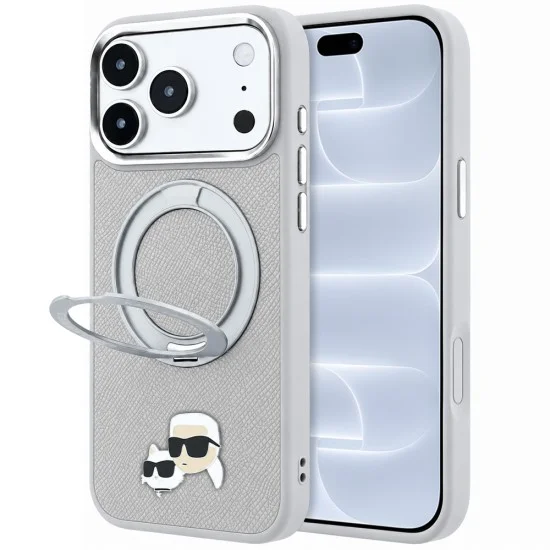 Калъф за телефон за iPhone 18 Pro / iPhone 17 Pro Leather Ring Stand 360 KC Pin MagSafe (KLHMP18LPSRSKCHG) - Karl Lagerfeld - Сив