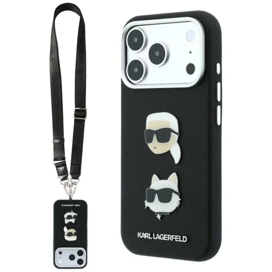 Калъф за телефон за iPhone 18 Pro / iPhone 17 Pro Saffiano K&C Heads Pins Logo Crossbody (KLHCP18LPSWFDHPSK) - Karl Lagerfeld - Черен