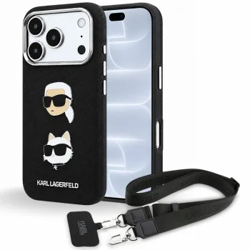 Калъф за телефон за iPhone 18 Pro / iPhone 17 Pro Saffiano K&C Heads Pins Logo Crossbody (KLHCP18LPSWFDHPSK) - Karl Lagerfeld - Черен