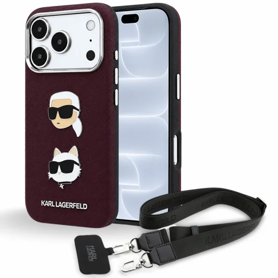 Калъф за телефон за iPhone 18 Pro / iPhone 17 Pro Saffiano K&C Heads Pins Logo Crossbody (KLHCP18LPSWFDHPSR) - Karl Lagerfeld - Бордо