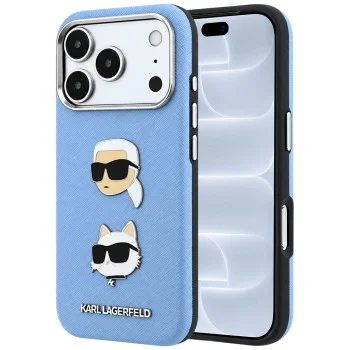 Калъф за телефон за iPhone 18 Pro / iPhone 17 Pro Saffiano with K&C Heads Pins and Logo (KLHCP18LPSWFDHPB) - Karl Lagerfeld - Светлосин