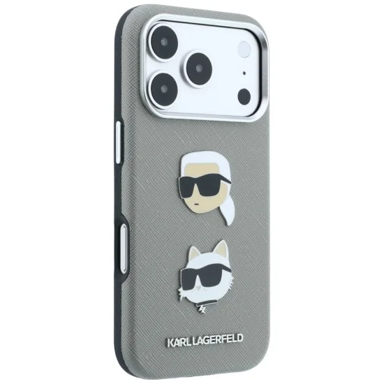 Калъф за телефон за iPhone 18 Pro / iPhone 17 Pro Saffiano with K&C Heads Pins and Logo (KLHCP18LPSWFDHPG) - Karl Lagerfeld - Сив