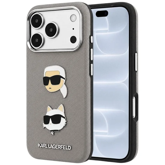 Калъф за телефон за iPhone 18 Pro / iPhone 17 Pro Saffiano with K&C Heads Pins and Logo (KLHCP18LPSWFDHPG) - Karl Lagerfeld - Сив