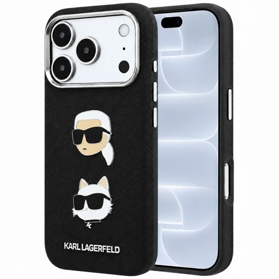Калъф за телефон за iPhone 18 Pro / iPhone 17 Pro Saffiano with K&C Heads Pins and Logo (KLHCP18LPSWFDHPK) - Karl Lagerfeld - Черен