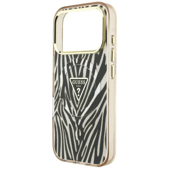 Калъф Guess Zebra Glitter Triangle Logo MagSafe (GUHMP18L6HZPGTLD) - iPhone 18 Pro / iPhone 17 Pro - Златист