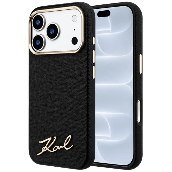 Калъф за iPhone 17 Pro - Saffiano Small Script Metal Logo MagSafe (KLHMP18L6PWSKSK) - Karl Lagerfeld - Черен
