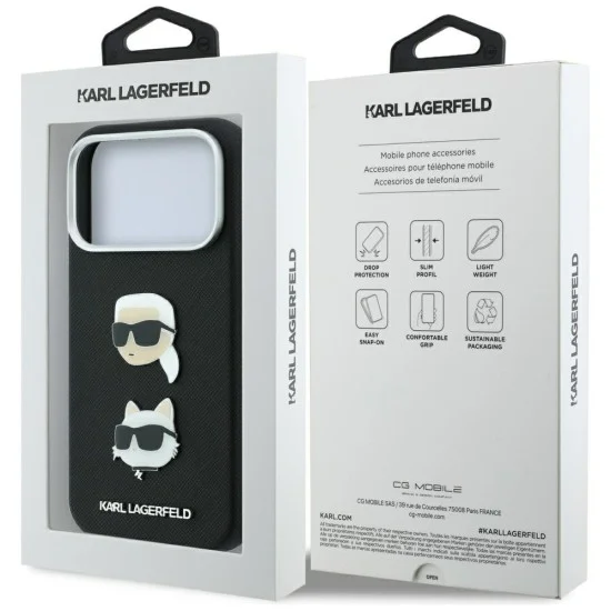 Калъф за телефон за iPhone 18 Pro Max / iPhone 17 Pro Max Saffiano with K&C Heads Pins and Logo (KLHCP18XPSWFDHPK) - Karl Lagerfeld - Черен