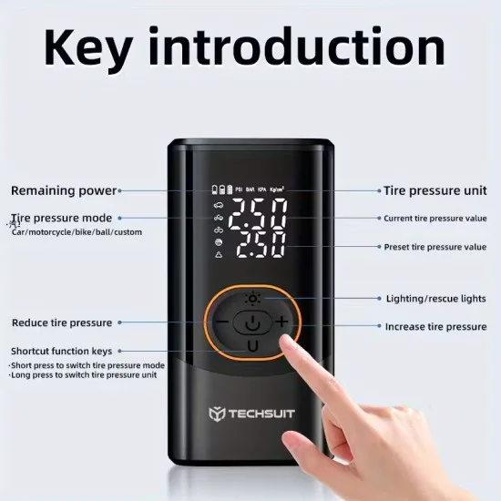 Компресор за кола Techsuit AirXpert Pro (AI2) - безжичен, с фенерче, LED дисплей, 1500mAh - Черен