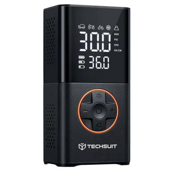 Компресор за кола Techsuit GoInflate (AI1) - безжичен, с фенерче, 4000mAh, външна батерия, 17L/min дебит, 150PSI - Черен