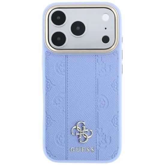 Кожен калъф Guess Leather Stripe Peony 4G MagSafe (GUHMP18L6PGSU4EB) - iPhone 18 Pro / iPhone 17 Pro - Светлосин