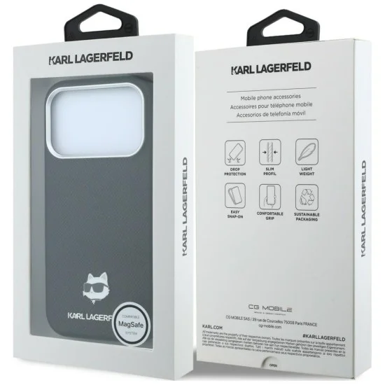 Кожен калъф Karl Lagerfeld Grained Leather Choupette Head MagSafe (KLHMP18L6PSCHLK) - iPhone 18 Pro / iPhone 17 Pro - Черен