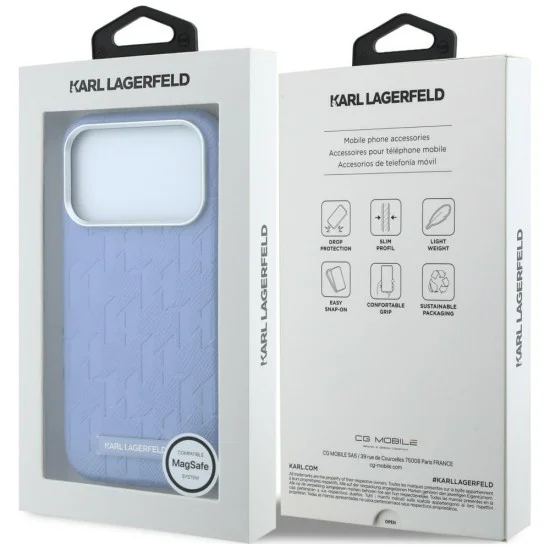 Кожен калъф Karl Lagerfeld Grained Leather Mono Resin Logo MagSafe (KLHMP18L6PWKLMHB) - iPhone 18 Pro / iPhone 17 Pro - Светлосин