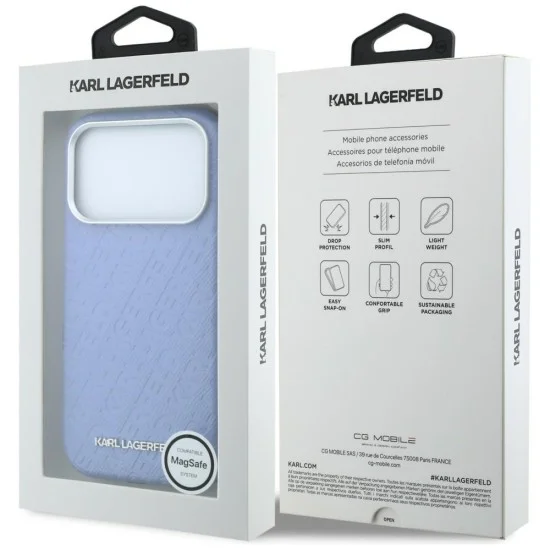 Кожен калъф Karl Lagerfeld HC MagSafe Grained Leather Metal Logo (KLHMP18LPSKLFOFB) - iPhone 18 Pro Max / iPhone 17 Pro Max - Син