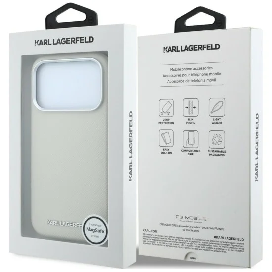 Кожен калъф Karl Lagerfeld - Hardcase MagSafe Grained Leather Elongated Logo (KLHMP18LPSWGKLE) - iPhone 18 Pro / iPhone 17 Pro - Бежов