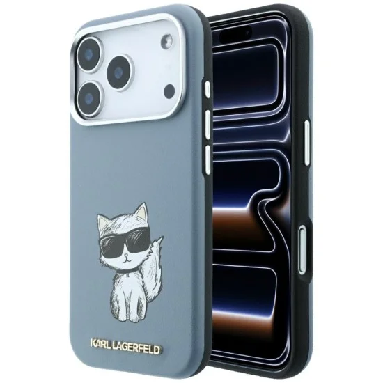 Кожен калъф Karl Lagerfeld Smooth Leather Choupette Sketch MagSafe (KLHMP18L6PWCIKDB) - iPhone 18 Pro / iPhone 17 Pro - Светлосин