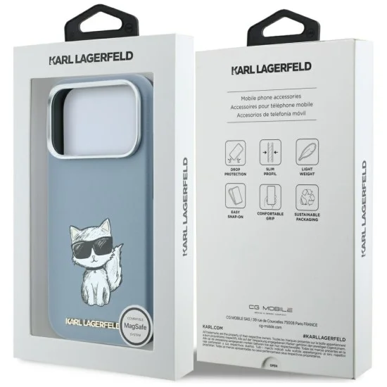 Кожен калъф Karl Lagerfeld Smooth Leather Choupette Sketch MagSafe (KLHMP18L6PWCIKDB) - iPhone 18 Pro / iPhone 17 Pro - Светлосин