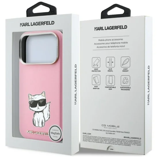 Кожен калъф Karl Lagerfeld Smooth Leather Choupette Sketch MagSafe (KLHMP18L6PWCIKDP) - iPhone 18 Pro / iPhone 17 Pro - Розов