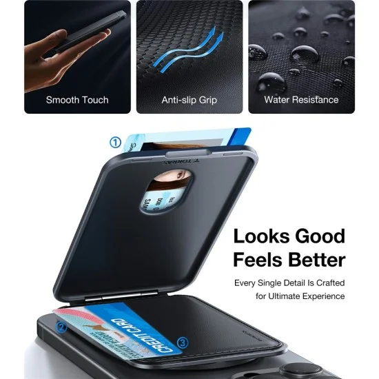 Кожен портфейл Leather Minimalist Slim Wallet - Съхранение на 3 карти, 360° Въртене, Защита срещу размагнетизиране - Torras - Сив