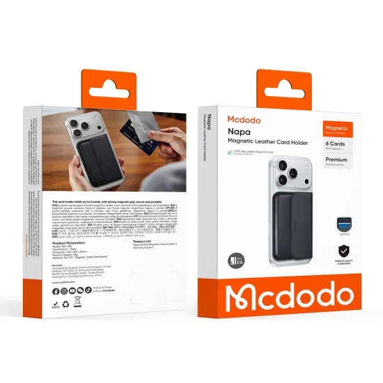 Магнитен калъф / визитник Mcdodo (WH-3530) - кожена текстура, ултратънък, събира до 5 карти - Черен