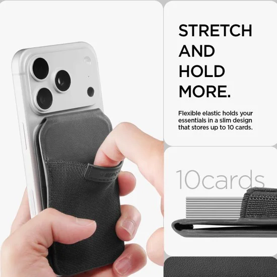 Магнитен портфейл и стойка Spigen Card Holder MagSafe Slim Fold Tripod S314-4 - за iPhone, MagSafe, PU кожа - Черен