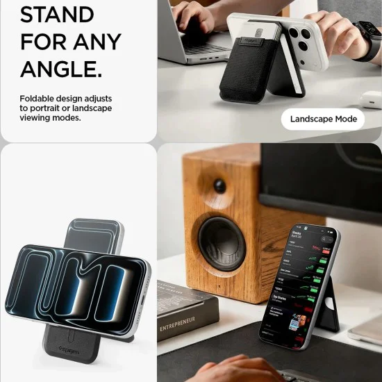 Магнитен портфейл и стойка Spigen Card Holder MagSafe Slim Fold Tripod S314-4 - за iPhone, MagSafe, PU кожа - Черен