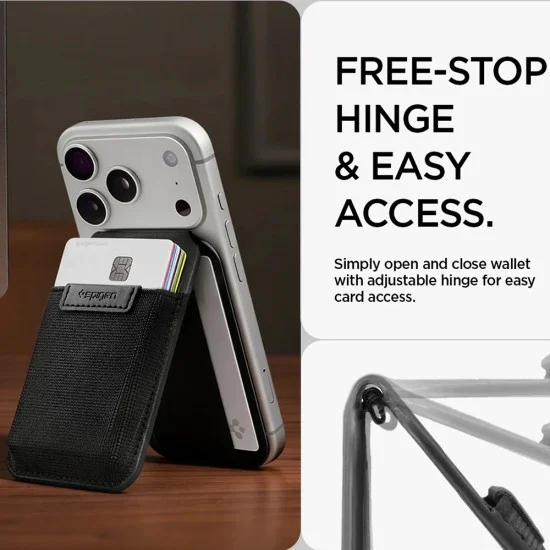 Магнитен портфейл и стойка Spigen Card Holder MagSafe Slim Fold Tripod S314-4 - за iPhone, MagSafe, PU кожа - Черен