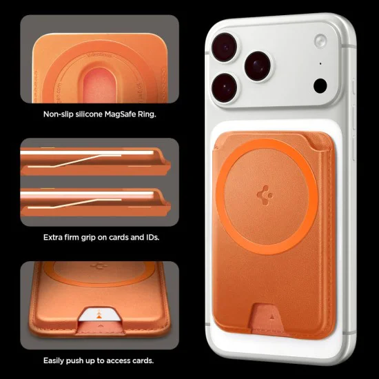Магнитен портфейл за карти Spigen Valentinus Wallet MagFit+ - за 3 карти, PU кожа - Оранжев (Metallic Orange)
