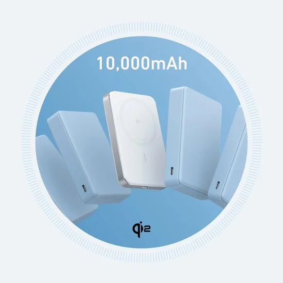 Магнитна външна батерия Power Bank Magnetic MagGo Slim (A1664H21) - Type-C, 10000mAh, Бързо зареждане, Qi2 15W, Кабелно 30W - Anker - Бял