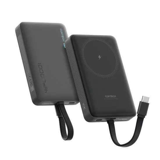 Магнитна външна батерия Power Bank WPB100L (CKWPB100LGLBK) - Вграден кабел, USB-C, Безжично 7.5W, 22.5W Кабелно, 10000mAh - Cuktech - Черен