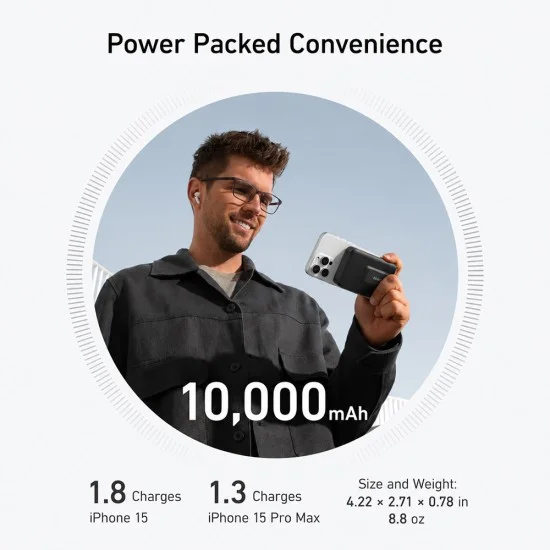 Магнитна външна батерия Power Bank MagGo (A1654G11) - за iPhone, Дигитален дисплей, Безжично зареждане, Стойка, 10000mAh, 15W - Anker - Черен