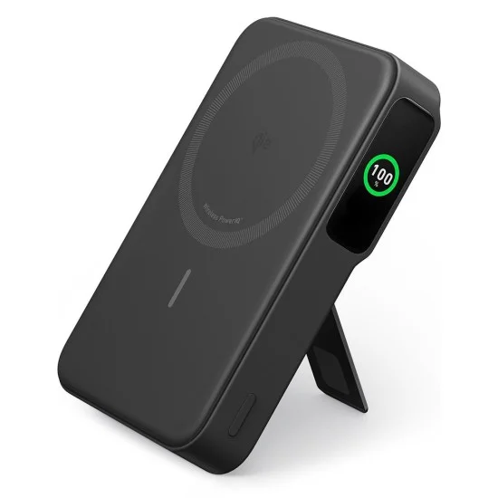 Магнитна външна батерия Power Bank MagGo (A1654G11) - за iPhone, Дигитален дисплей, Безжично зареждане, Стойка, 10000mAh, 15W - Anker - Черен