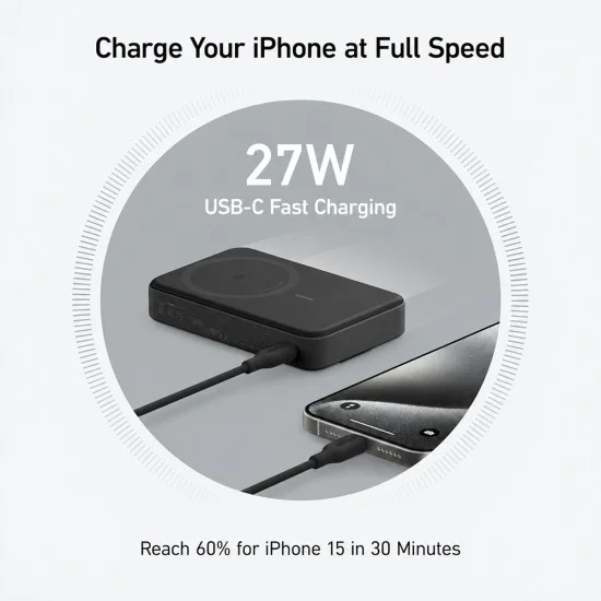 Магнитна външна батерия Power Bank MagGo (A1654G11) - за iPhone, Дигитален дисплей, Безжично зареждане, Стойка, 10000mAh, 15W - Anker - Черен