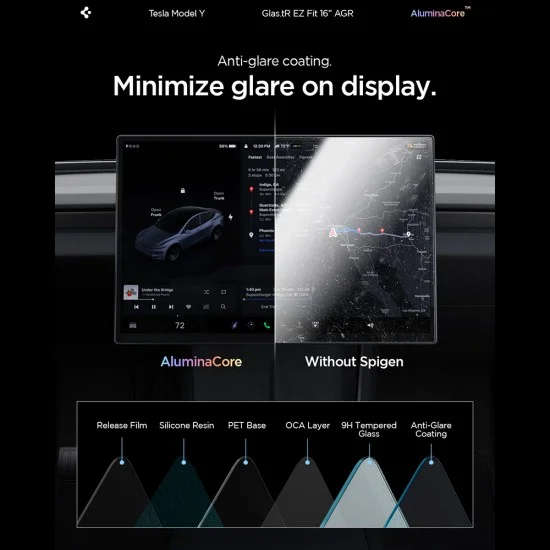 Матов стъклен протектор Spigen - GLAS.tR EZ Fit Anti-Glare (AGL10819) - for 16'' Screen, Tesla 2026 Model Y Premium/Performance, 9H Kit - Черен